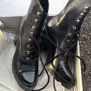 Marc Fisher Black Leather Lace-Up Combat Boots with Red-Trim Laces